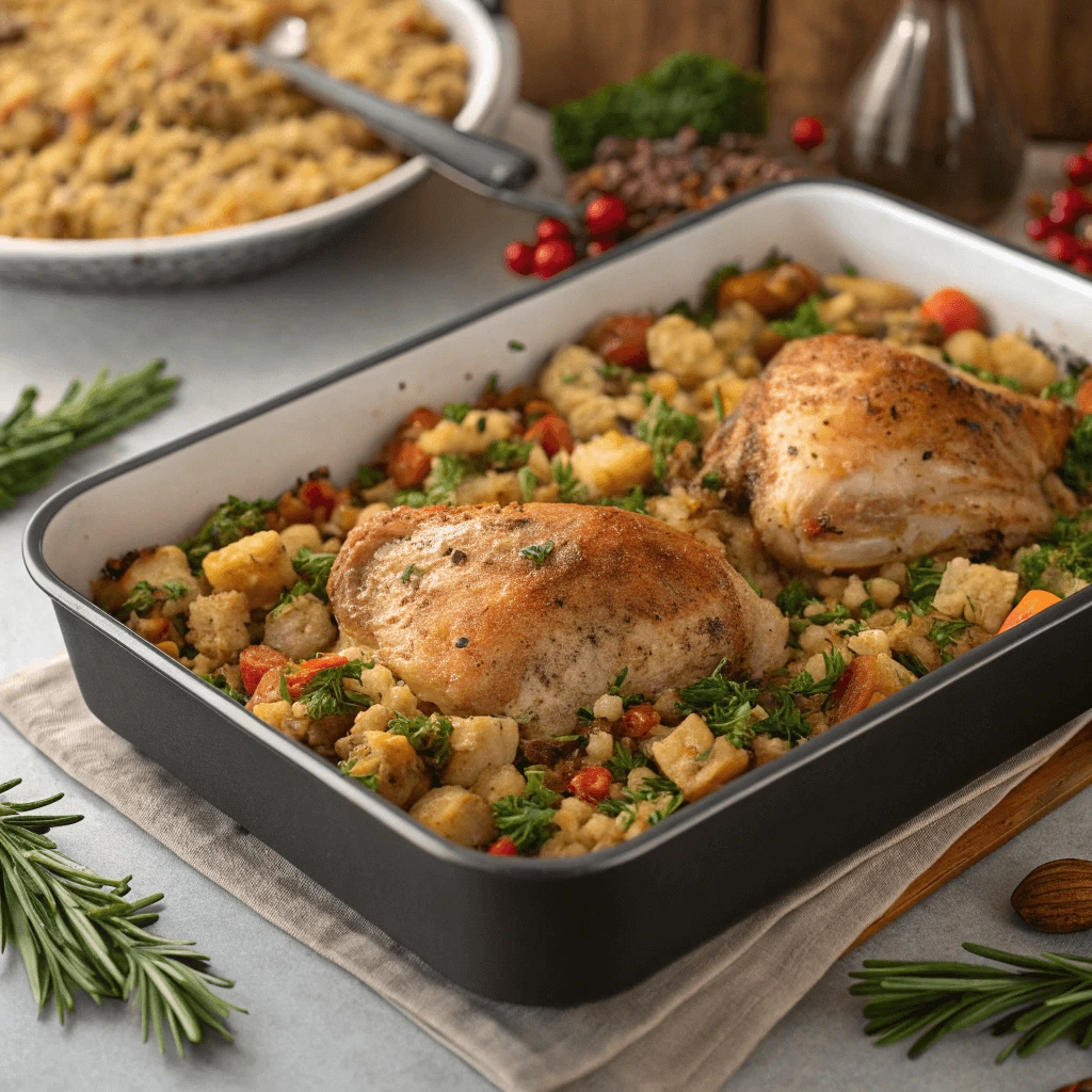 A holiday table featuring a one-pan chicken and dressing dish alongside festive decorations and side dishes.