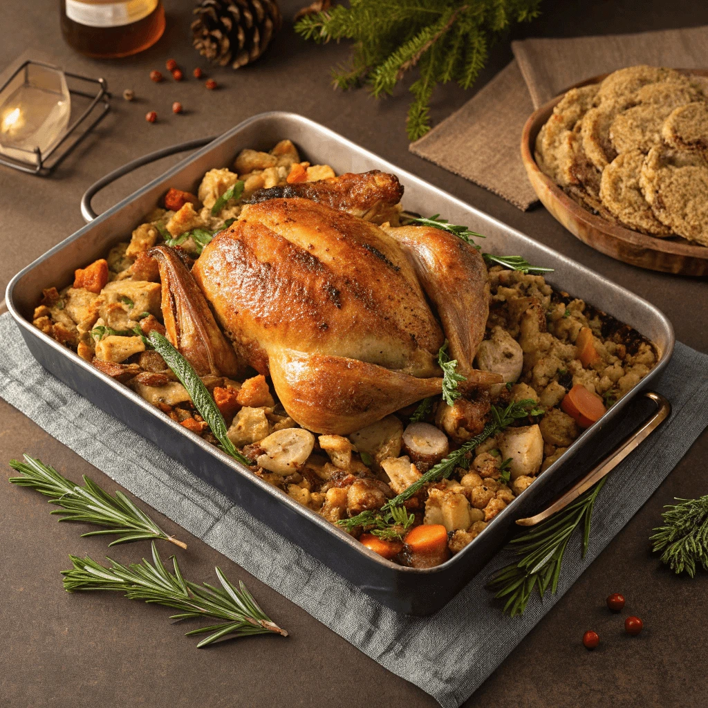 A close-up of a savory one-pan chicken and dressing recipe, with tender chicken and cornbread dressing