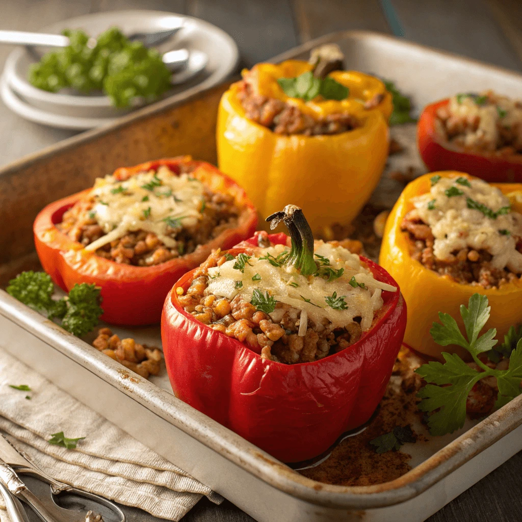 Rice-stuffed bell peppers topped with cheese and baked to perfection.