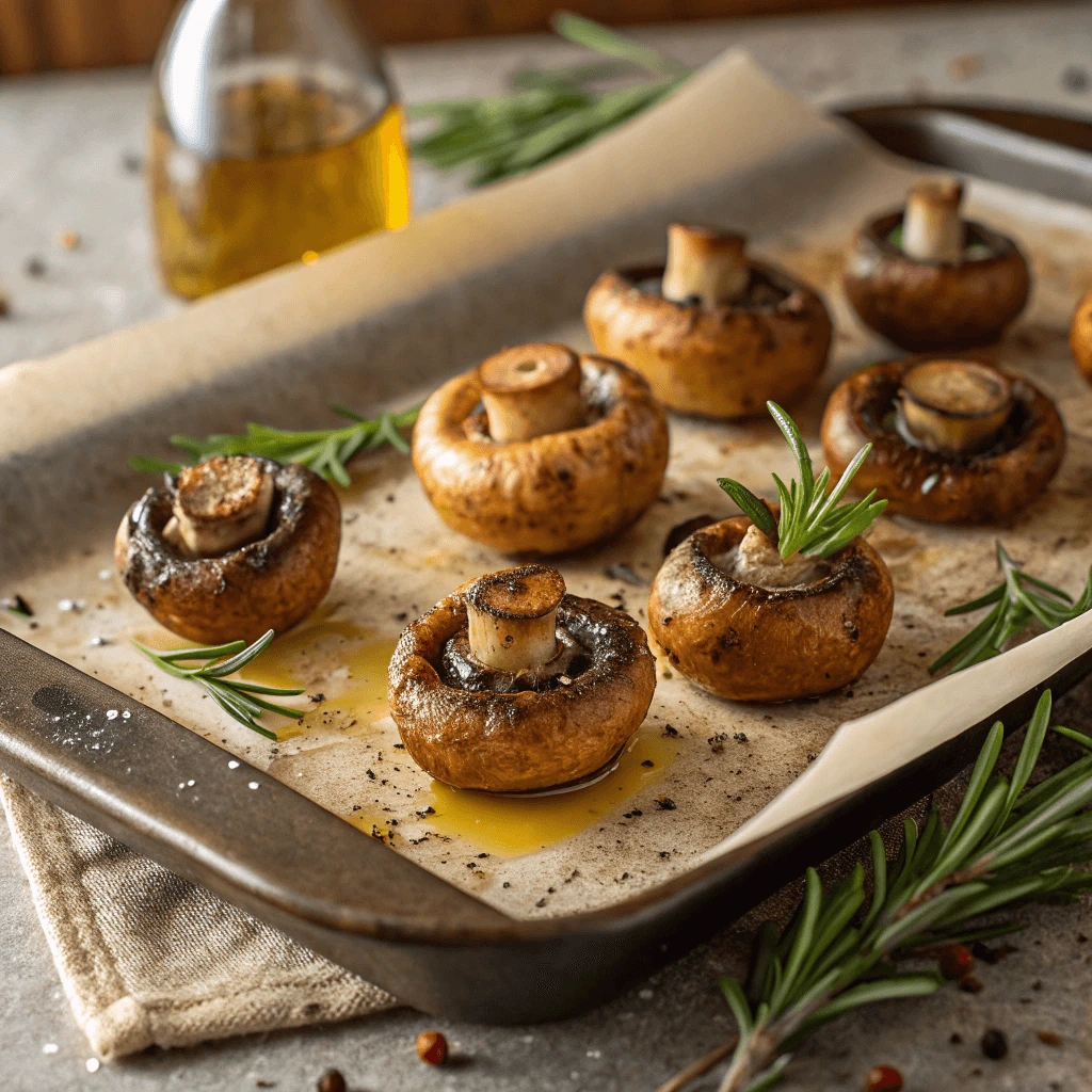 Roasted button mushrooms on a baking sheet with olive oil.