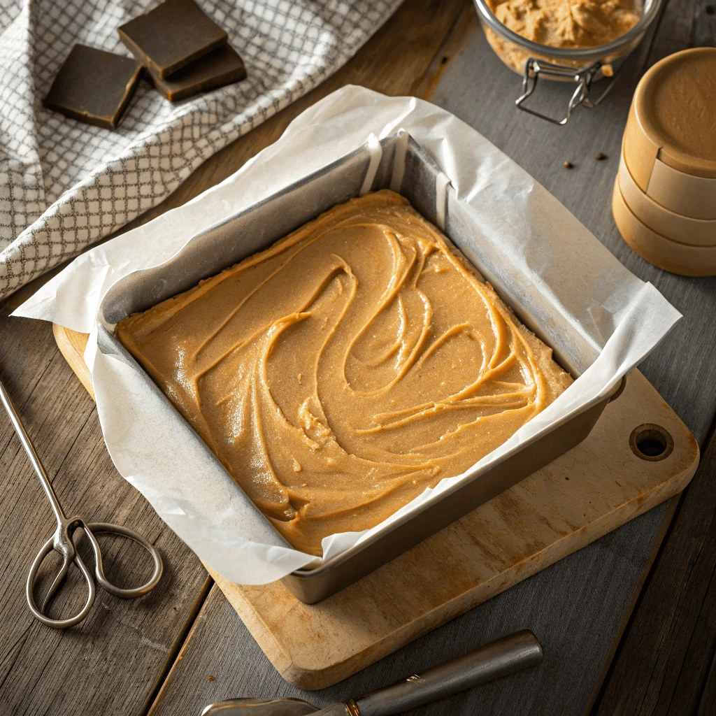 Overhead shot of a batch of peanut butter fudge chilling in a parchment-lined pan.