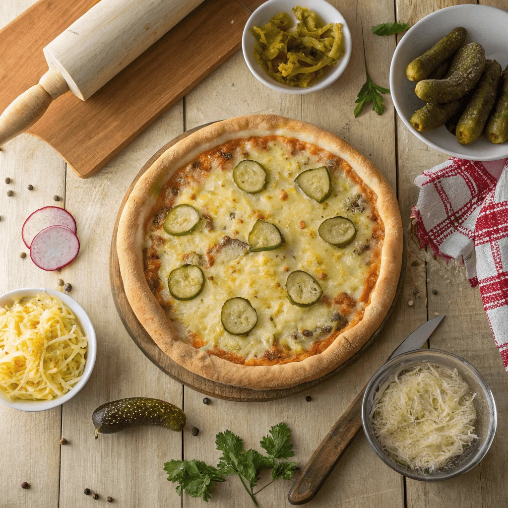 Overhead shot of pickle pie pizza surrounded by ingredients like pickles, cheese, and crust dough