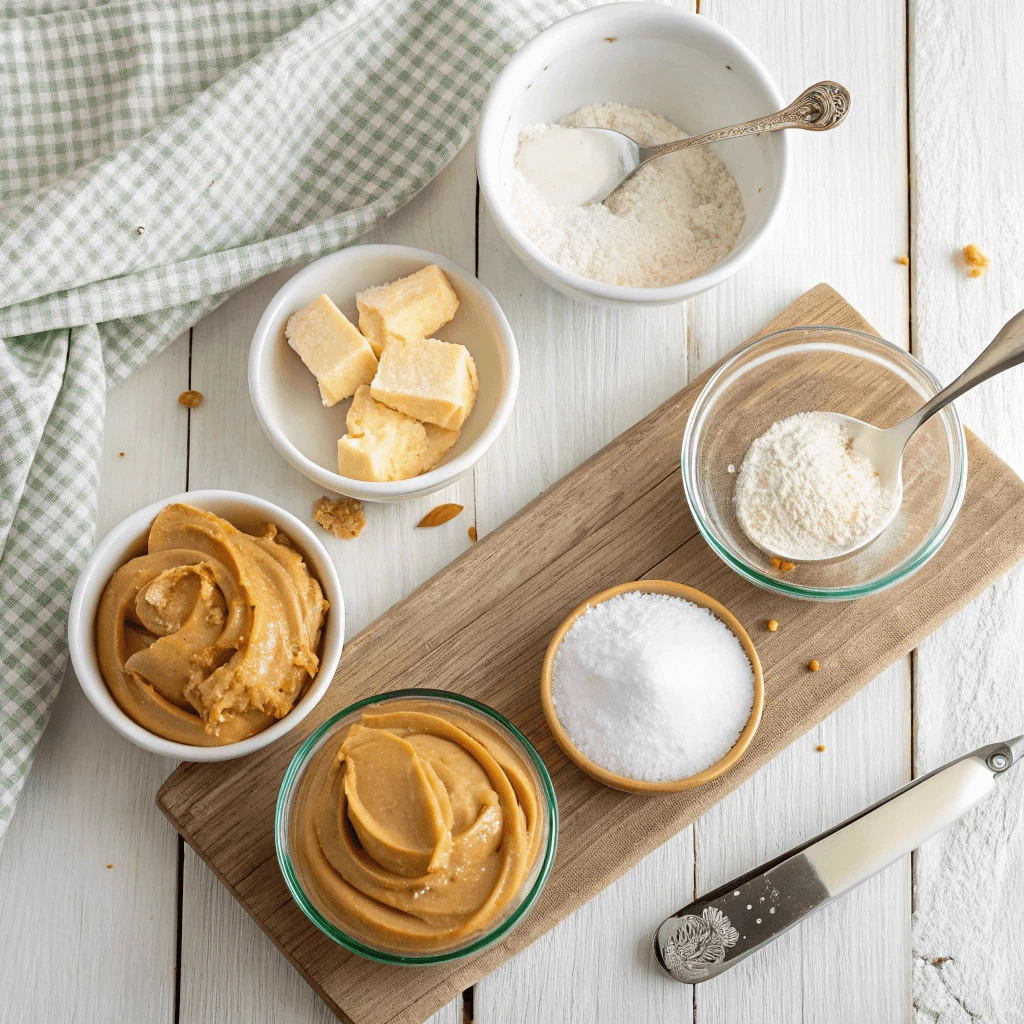 Overhead view of creamy peanut butter, butter, and powdered sugar in small bowls.