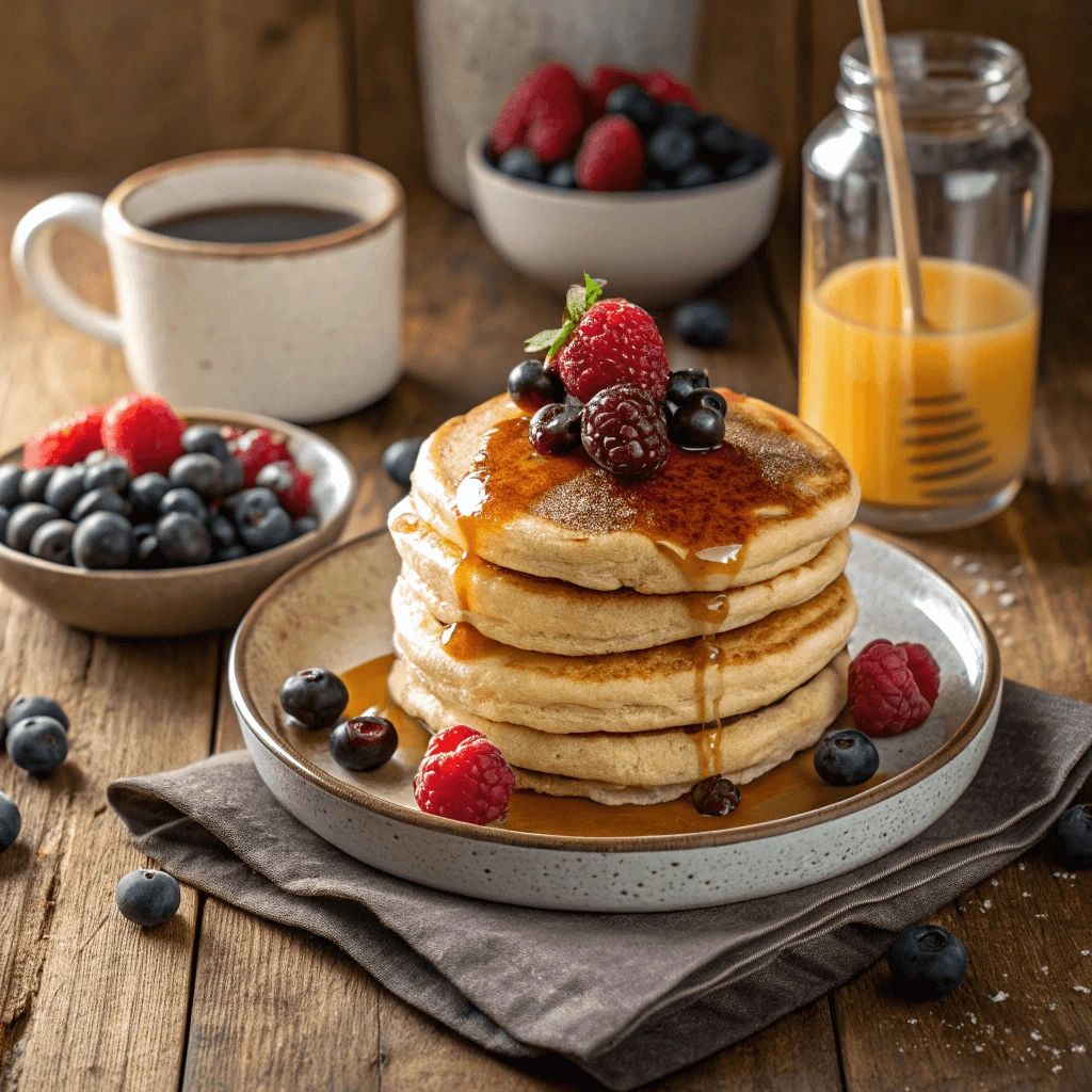 Stack of fluffy pancakes topped with syrup and fresh berries for a comforting breakfast