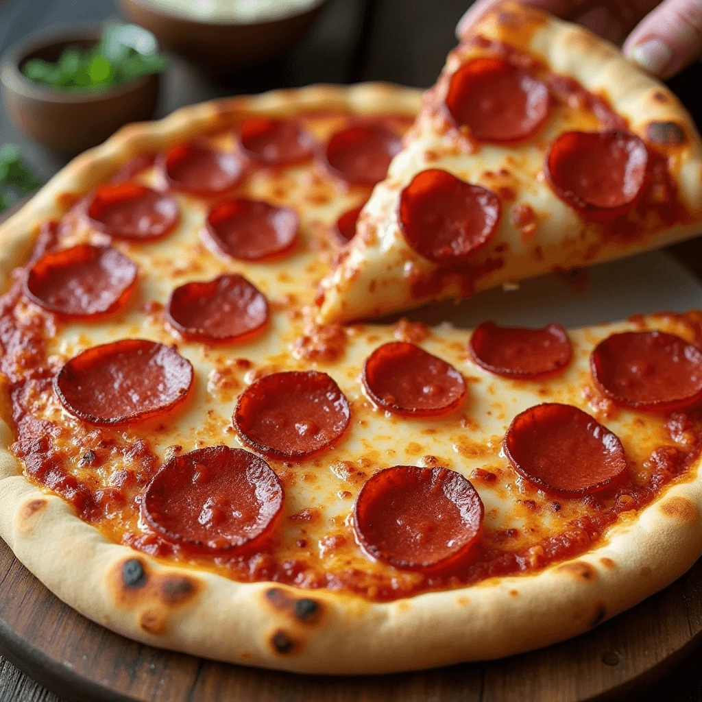 A freshly baked 10-inch Margherita pizza on a wooden board, topped with vibrant basil leaves and melted mozzarella cheese.