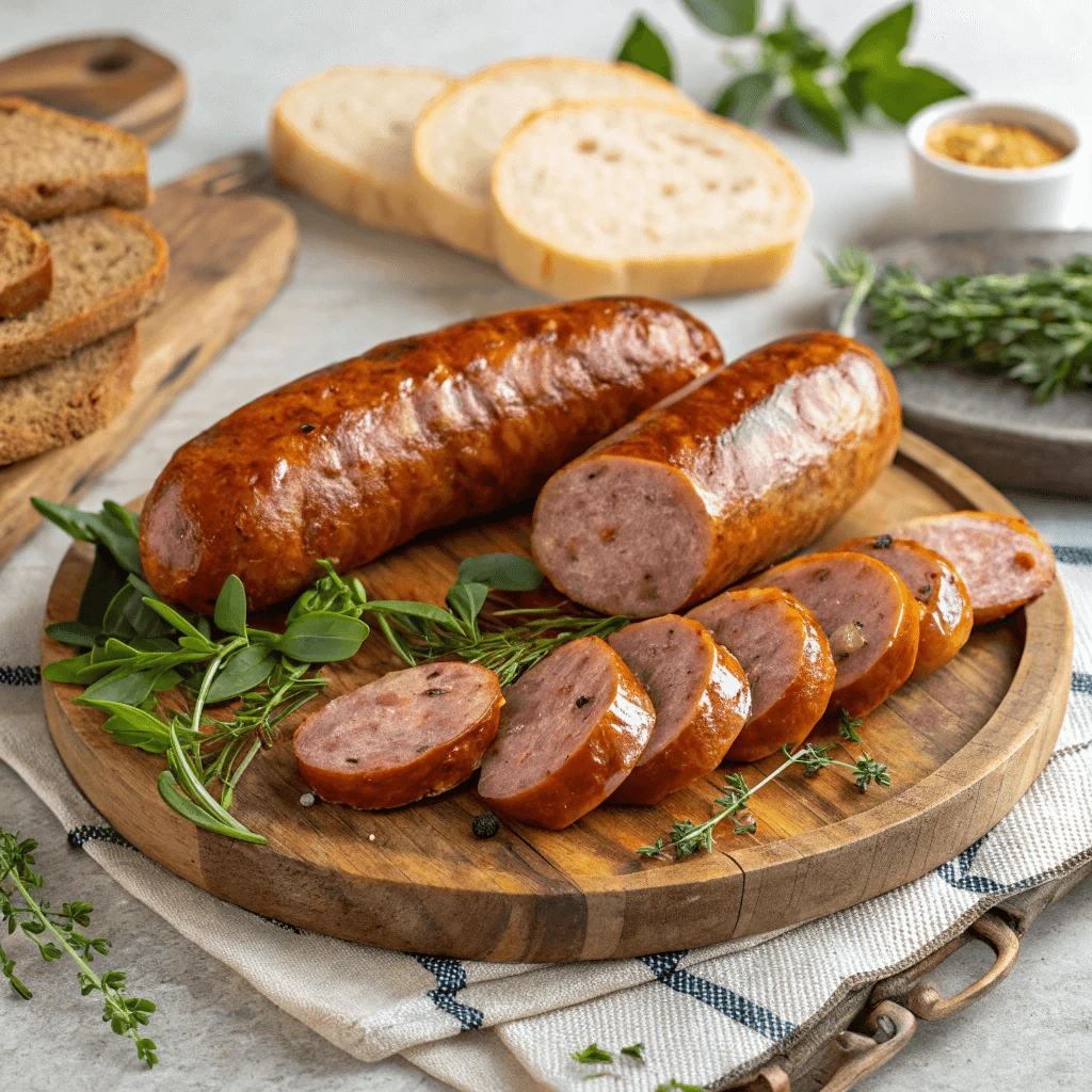 An inviting arrangement of gourmet sausages, artisan cheeses, and fresh fruit on a charcuterie platter.