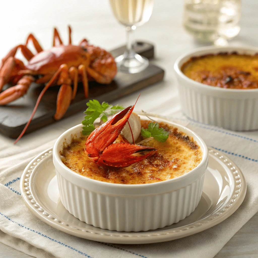 Freshly caramelized Crab Brulee with a golden-brown top.