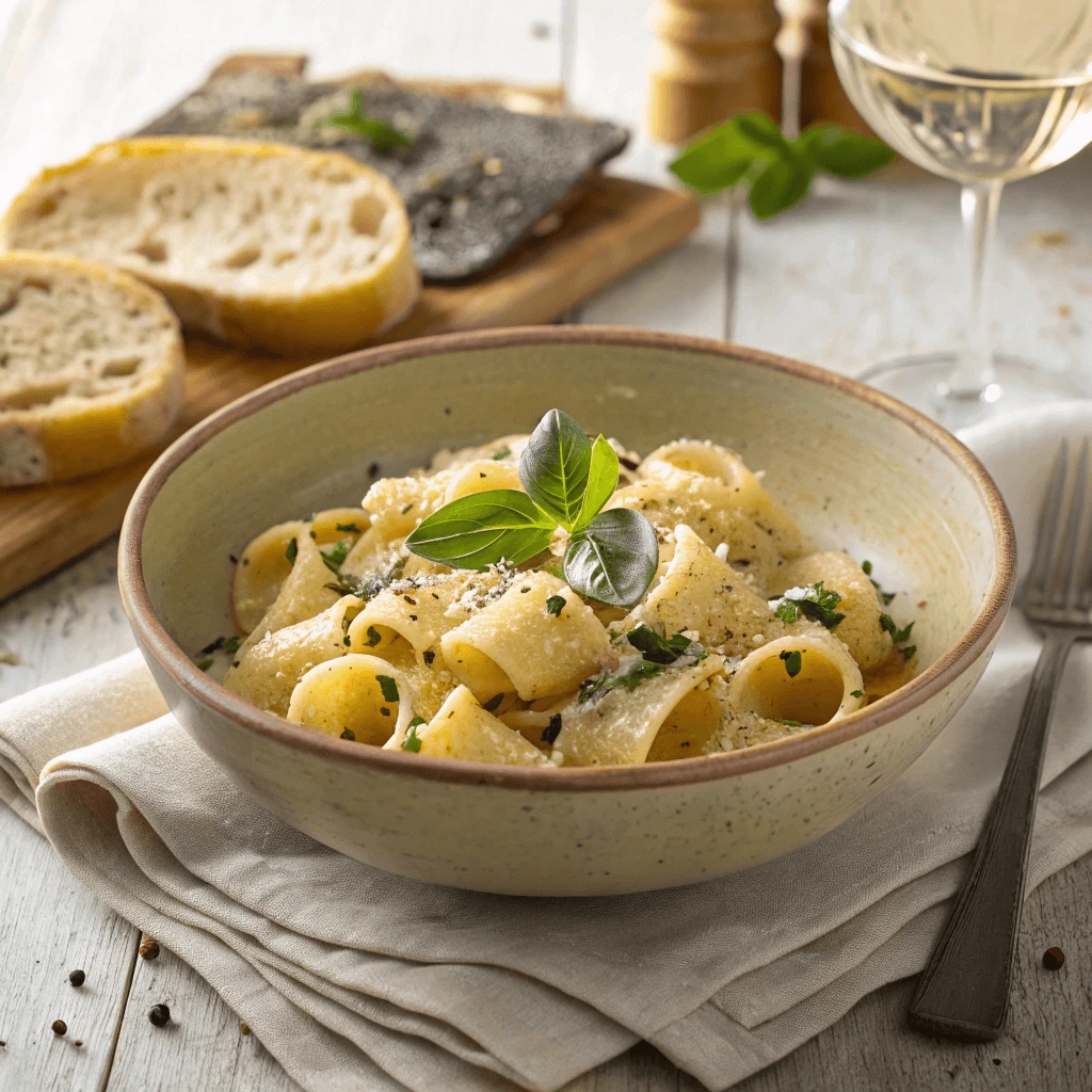 Close-up of uncooked lumache pasta shells in a wooden bowl.