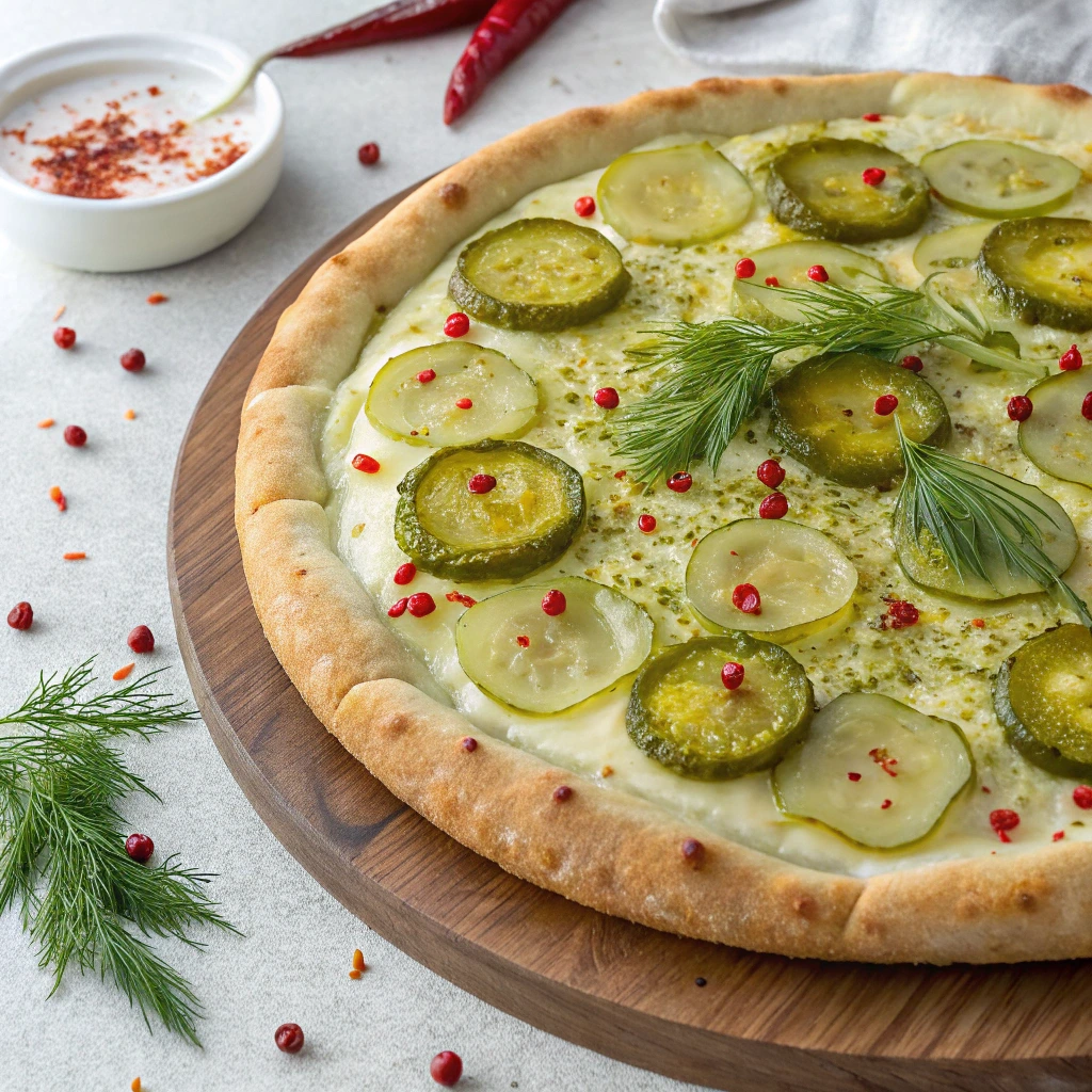 Whole pickle pie pizza with vibrant green pickles and a golden, crispy crust.
