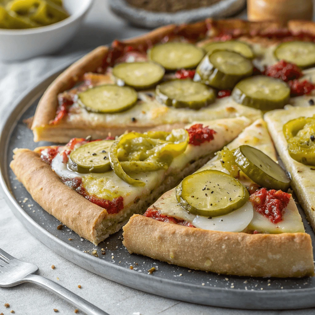 Slicing a homemade pickle pie pizza with a tangy and sweet topping