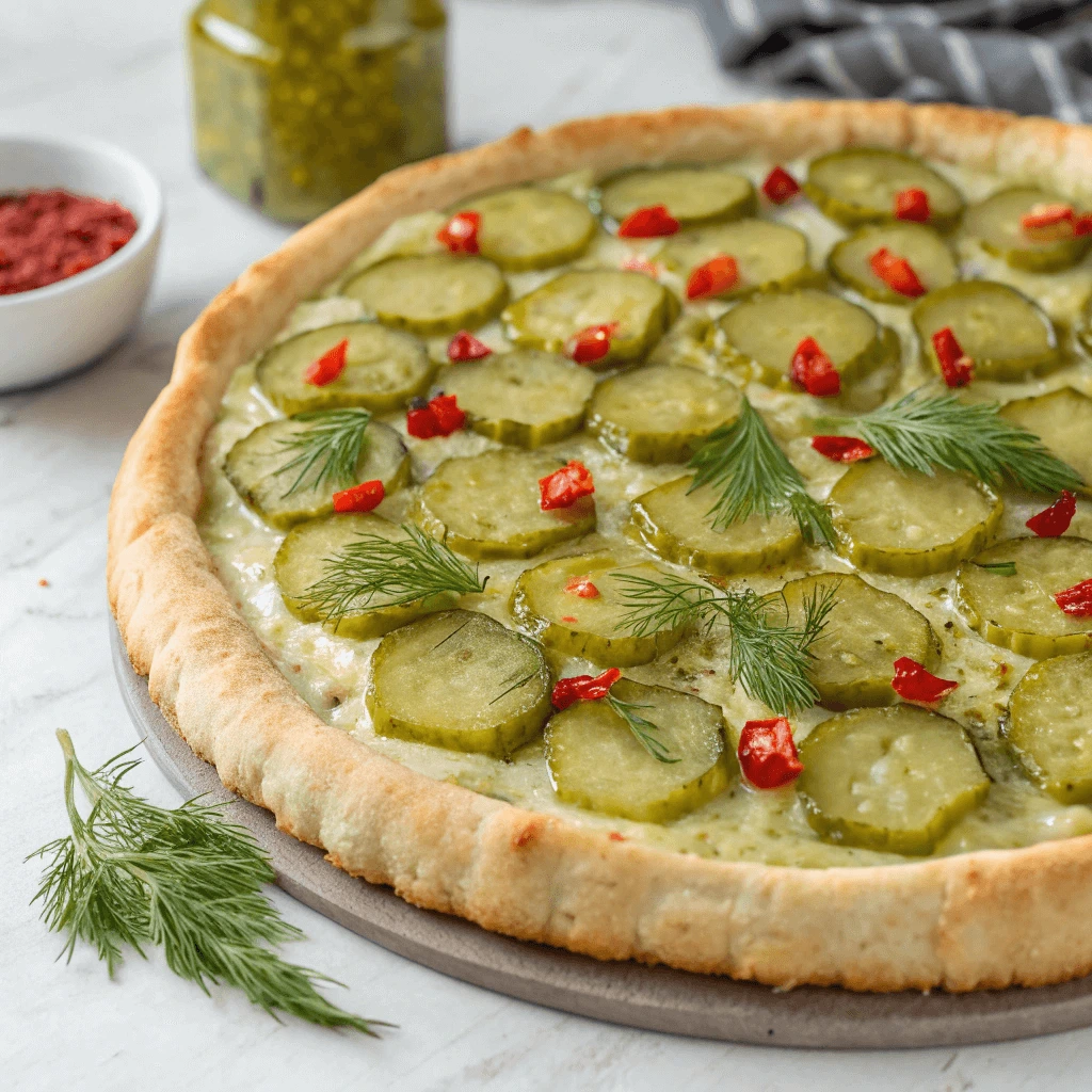 Assembling the pickle pie pizza with honey drizzle and fresh toppings