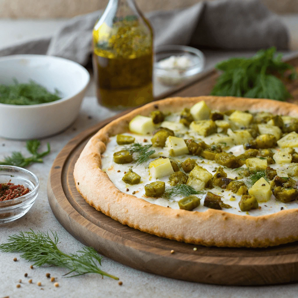 Dessert-style pickle pie pizza with a sweet cookie crust, topped with pickles and a drizzle of honey.