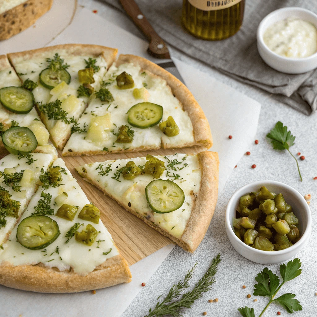 Vegan-friendly pickle pie pizza with plant-based cheese and fresh dill pickles on a crispy crust.