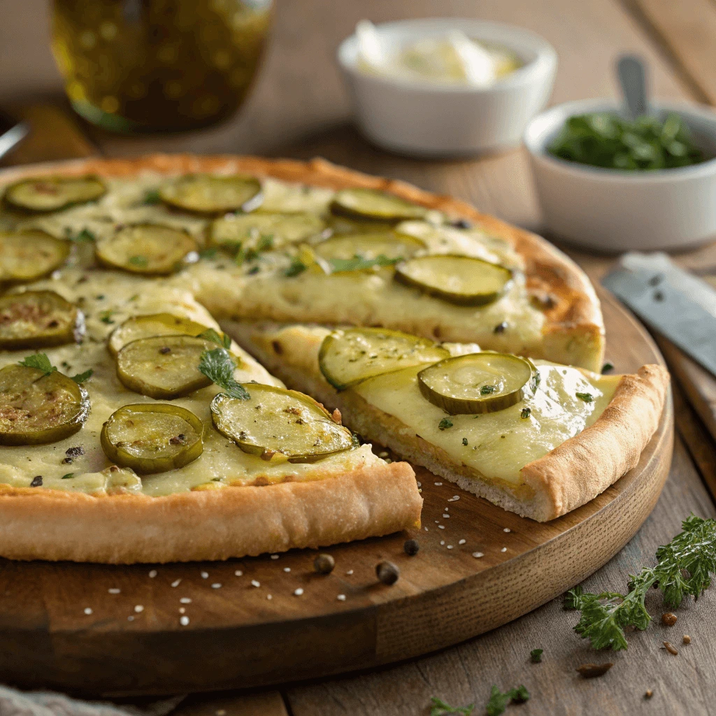 A slice of pickle pie pizza on a plate, topped with pickles and cheese.