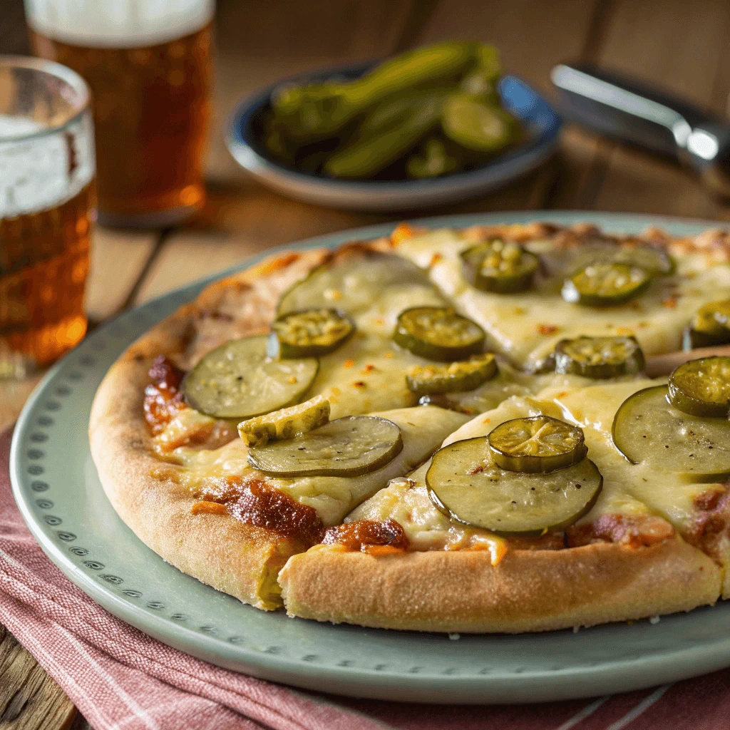 Pickle pie pizza with pickles, cheese, and a crispy crust.