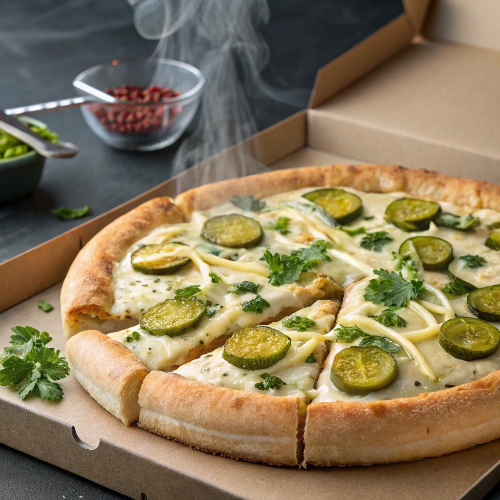 Close-up of a slice of pickle pie pizza with sweet and savory toppings like pickles, cheese, and honey drizzle.