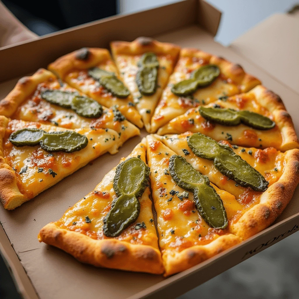 Vibrant pickle toppings on a golden-brown pizza crust