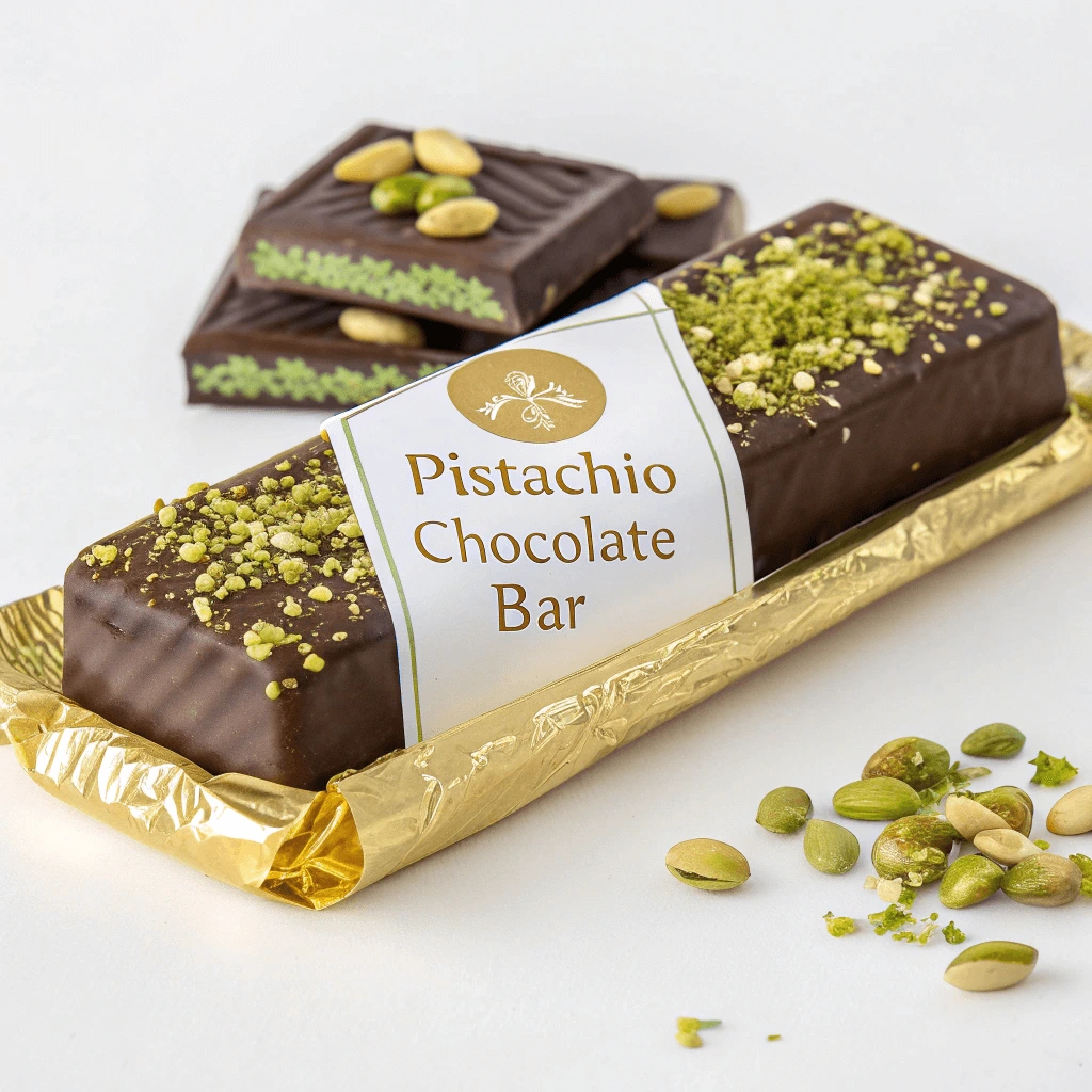 Homemade pistachio chocolate bars on a wooden table