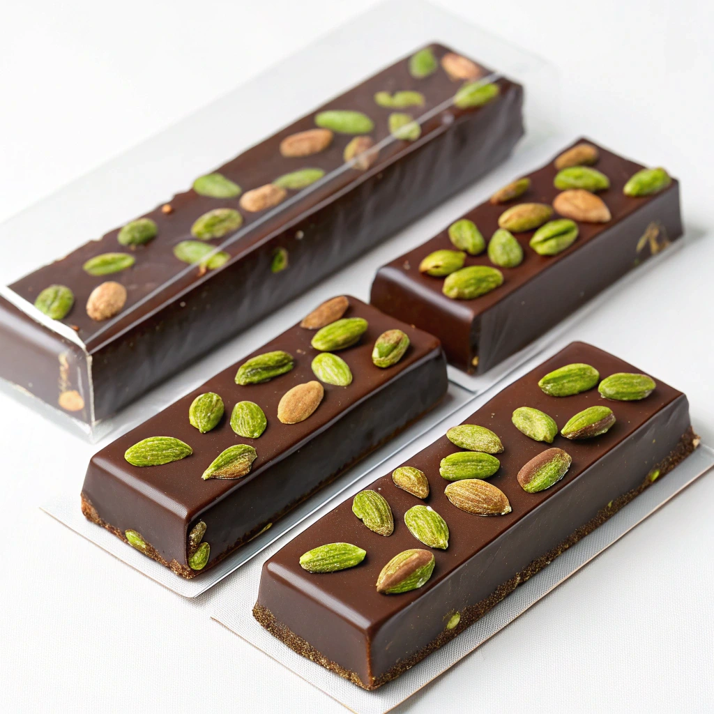 Cooling pistachio chocolate bars on a parchment paper.