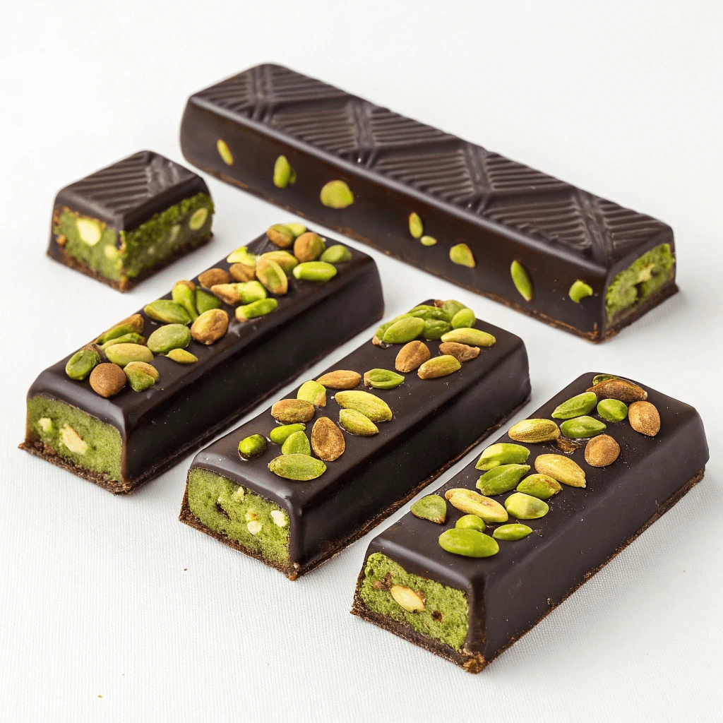 A gourmet pistachio chocolate bar broken into pieces, showcasing its rich texture and vibrant pistachios