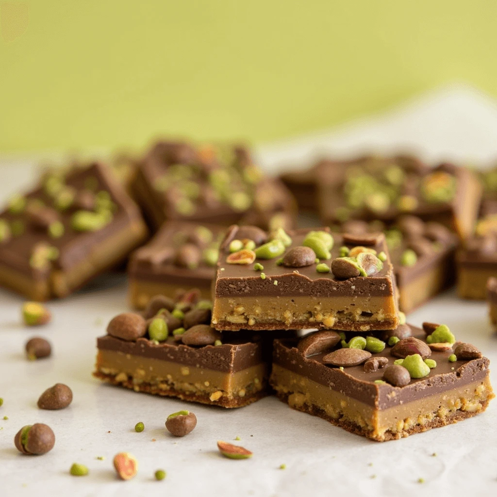 Drizzling chocolate over pistachio bars for decoration