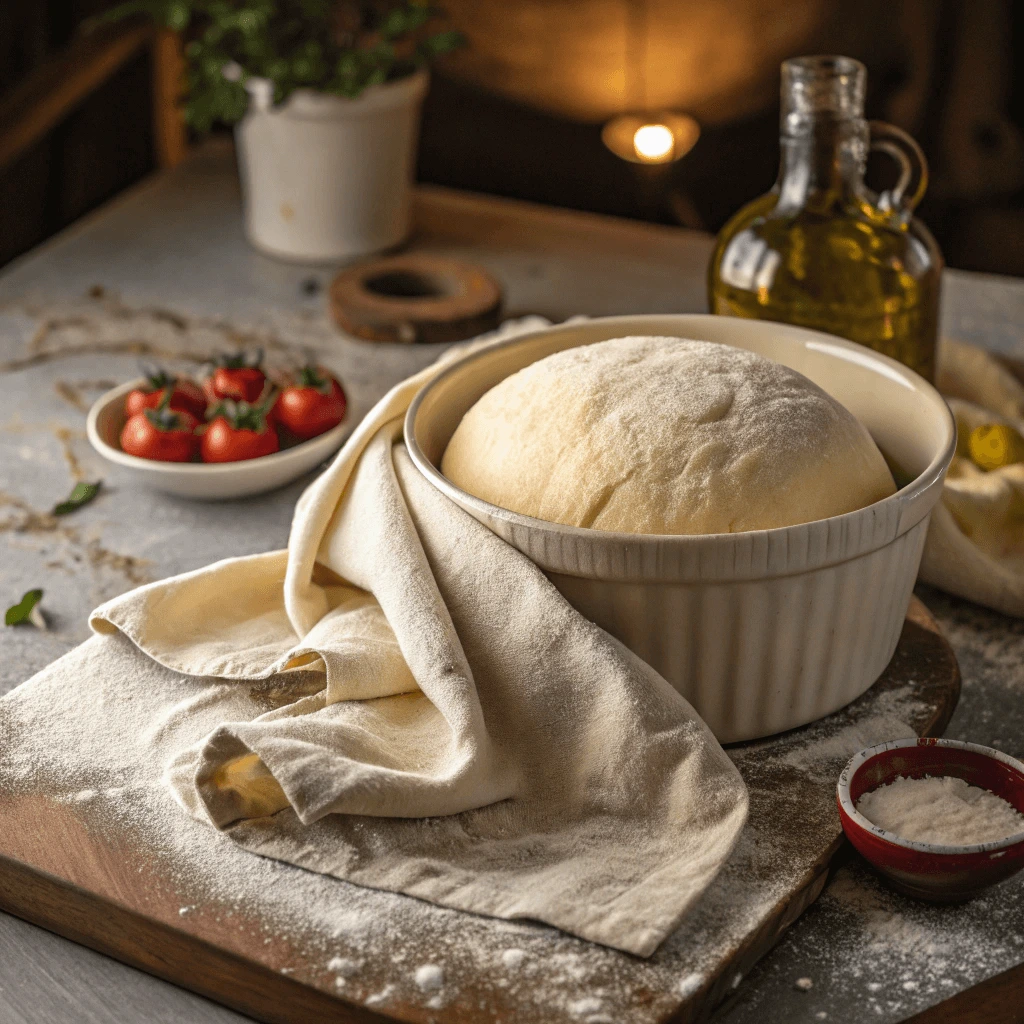 Pizza dough resting and rising in a bowl, covered with a cloth.