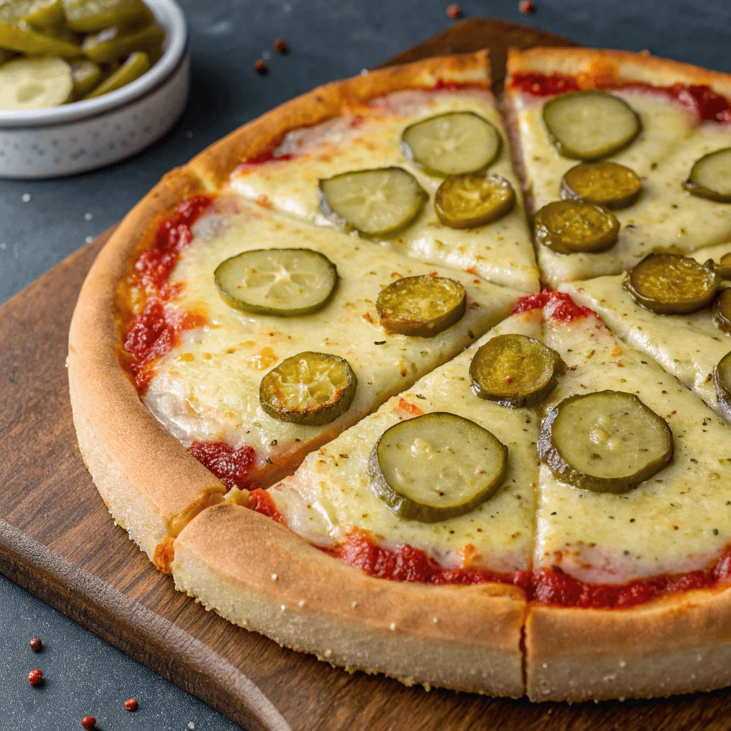 Vegan-friendly pickle pie pizza with dairy-free cheese and plant-based toppings