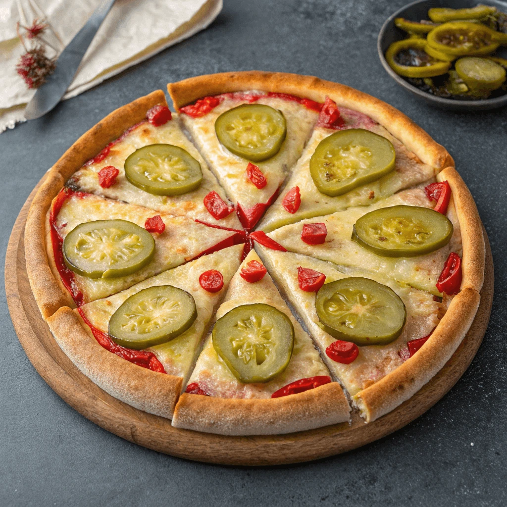 Step-by-step guide to making homemade pickle pie pizza with various toppings.