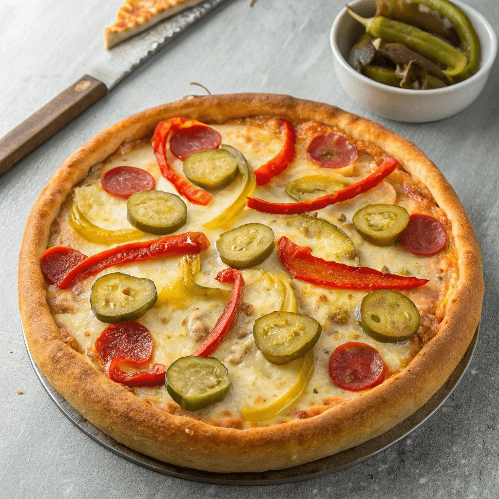 Delicious pickle pie pizza topped with fresh pickles and a sweet honey drizzle