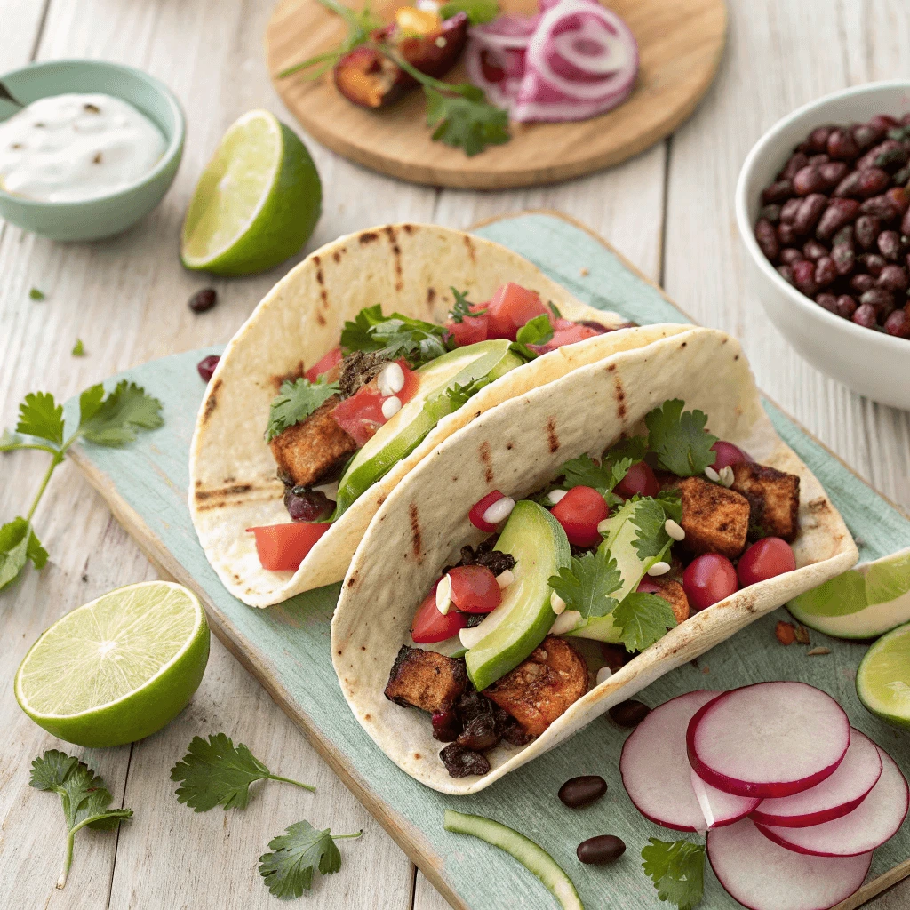 Plant-based super tacos with black beans, grilled tofu, and fresh cilantro