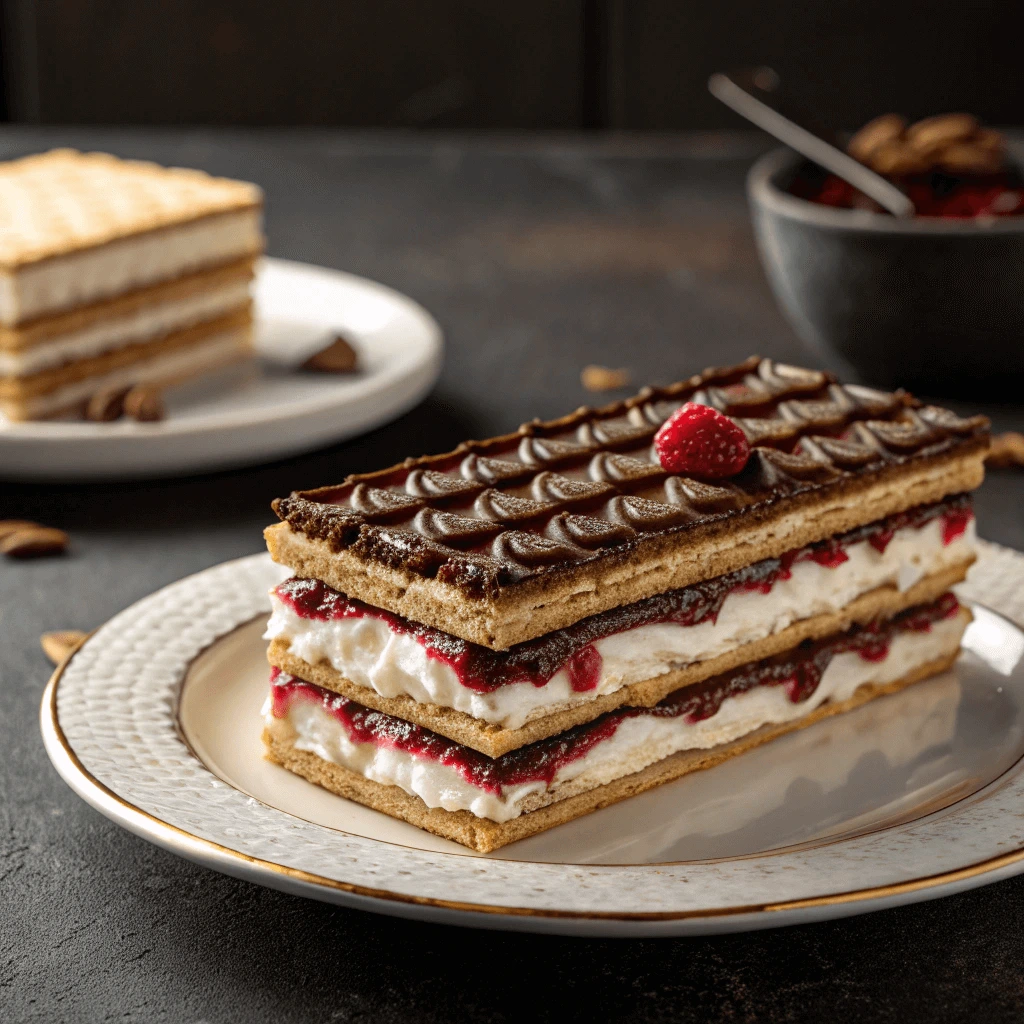 Polish-style wafer cake (Wuzetka inspired) with layers of cream and fruit jam