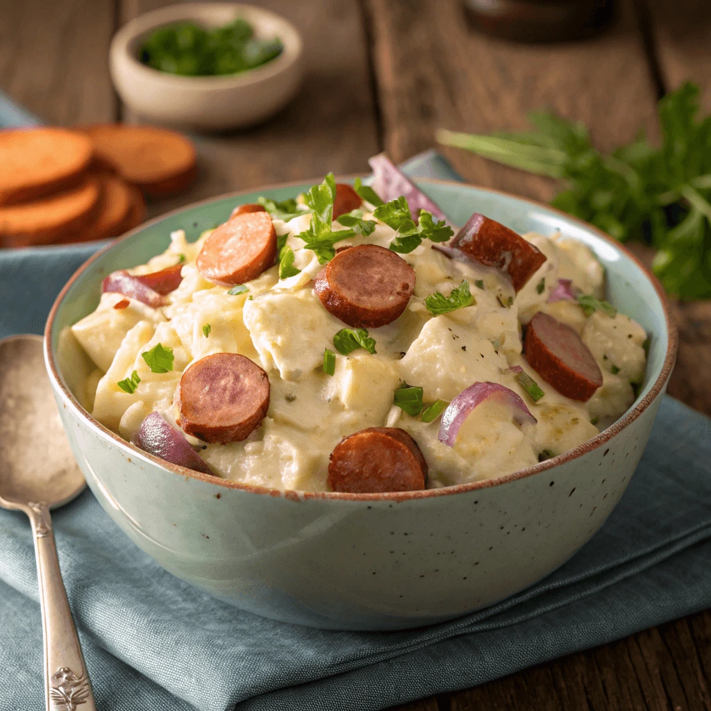 A bowl of creamy potato salad served alongside hot sausage.