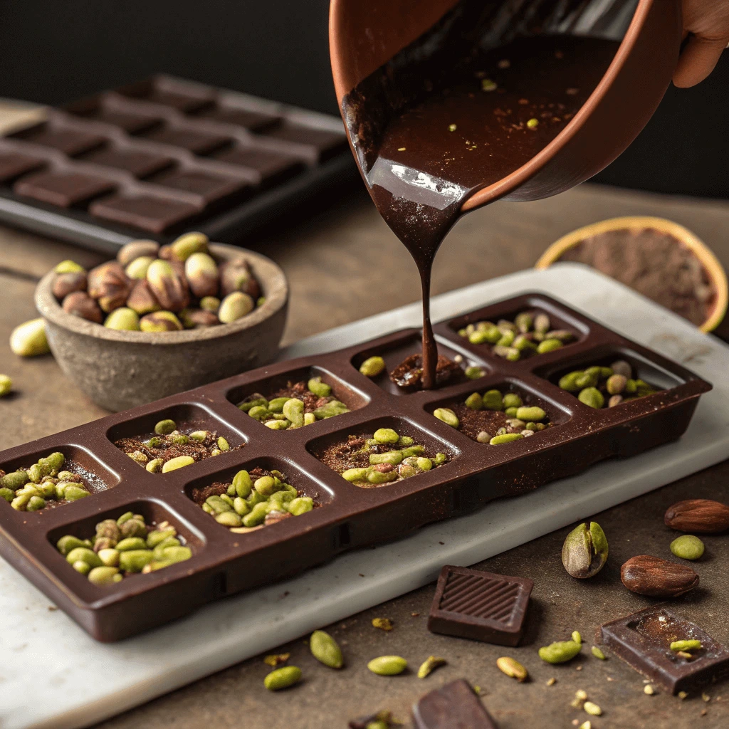 Pouring melted chocolate over pistachios in a mold to make homemade pistachio chocolate bars