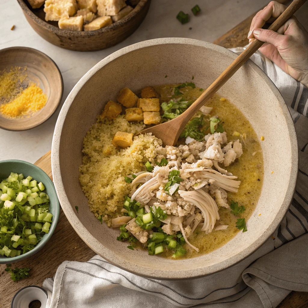 Mixing shredded chicken and cornbread in a bowl for casserole preparation