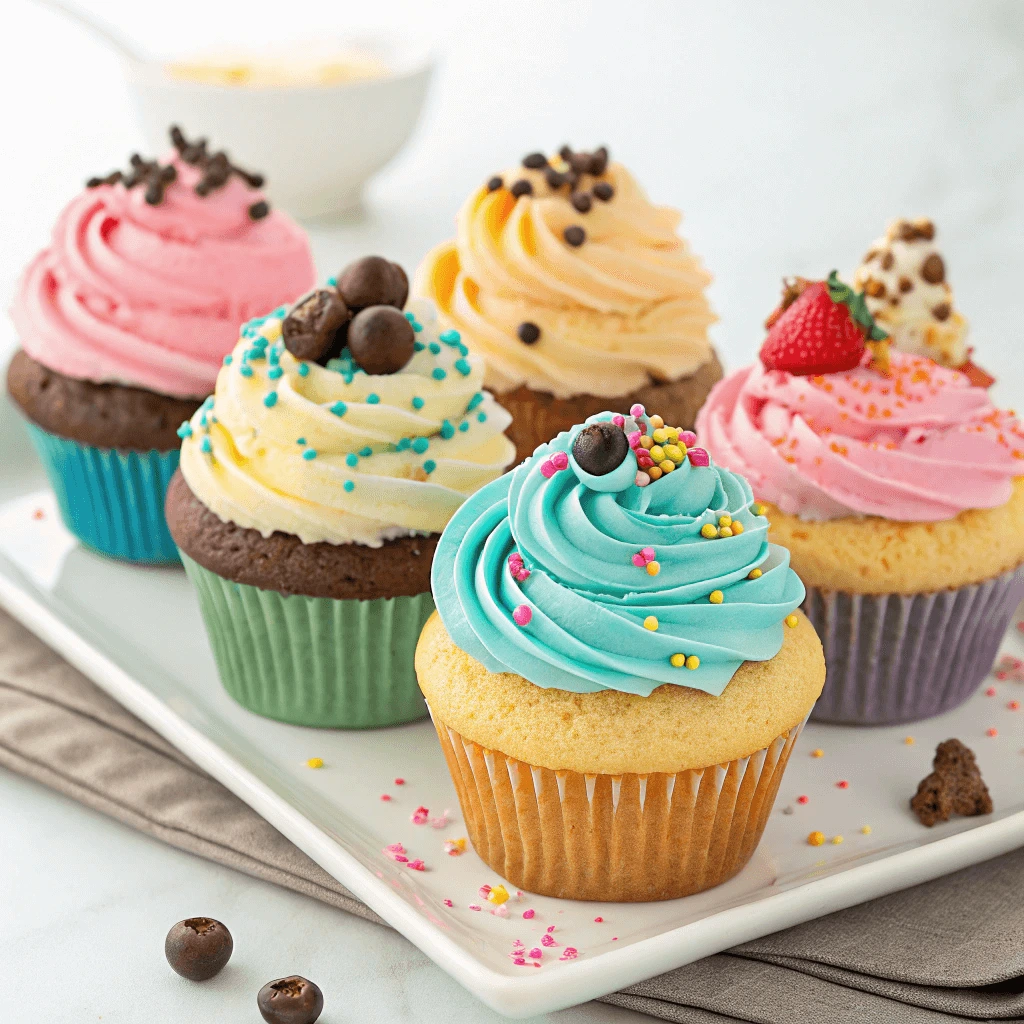 Gender reveal cupcakes with pink and blue frosting on a white platter