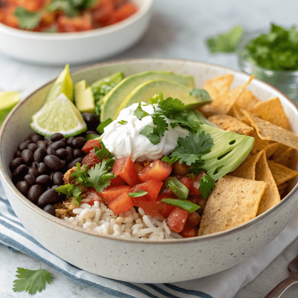 Rice hack and bean burrito bowl with colorful vegetables and a savory topping