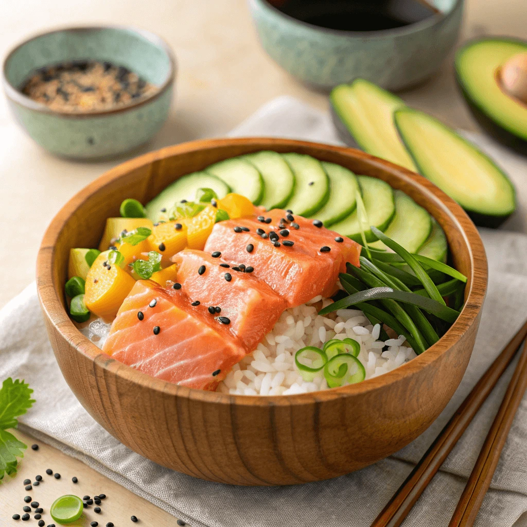 A colorful salmon poke bowl with fresh vegetables