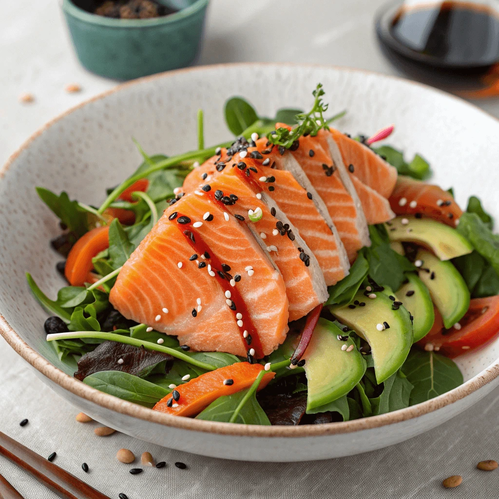 Close-up of sushi-grade salmon fillet, showcasing its rich color and texture