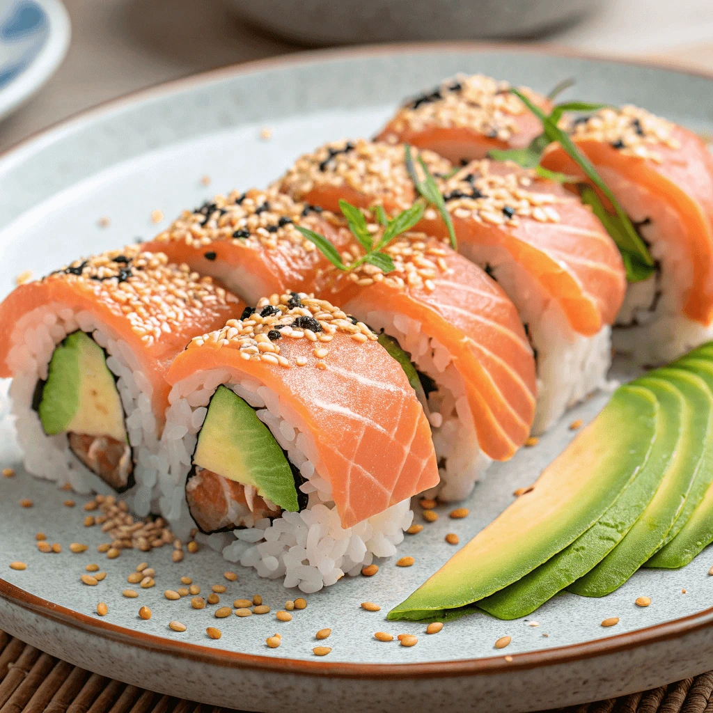 Salmon sushi rolls with avocado and cucumber