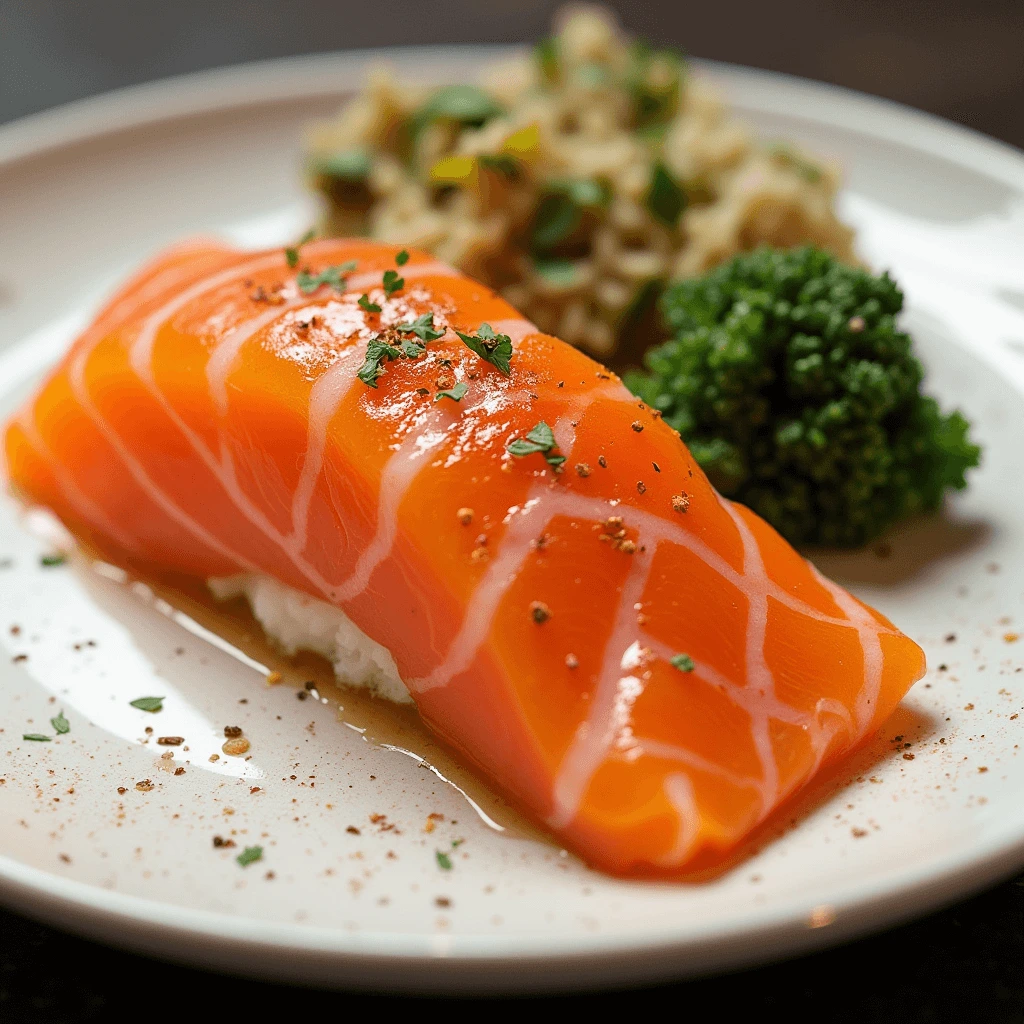 Thinly sliced salmon sashimi on a plate with garnishes