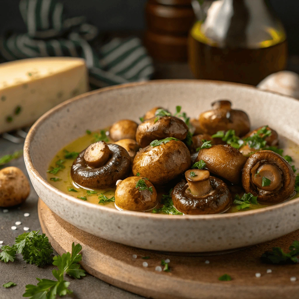 Sautéed Garlic Butter Button Mushrooms served in a skillet