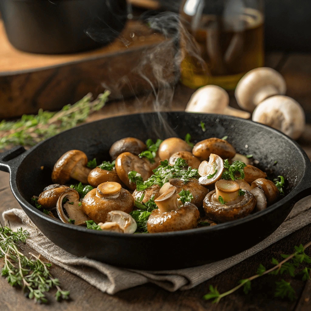 Button mushrooms sautéed in a pan with garlic, butter, and herbs, demonstrating a flavor-enhancing cooking hack