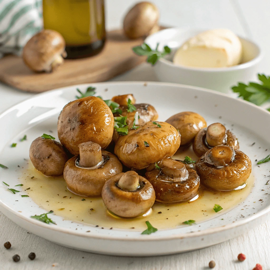 Sautéed button mushrooms in garlic butter served in a skillet