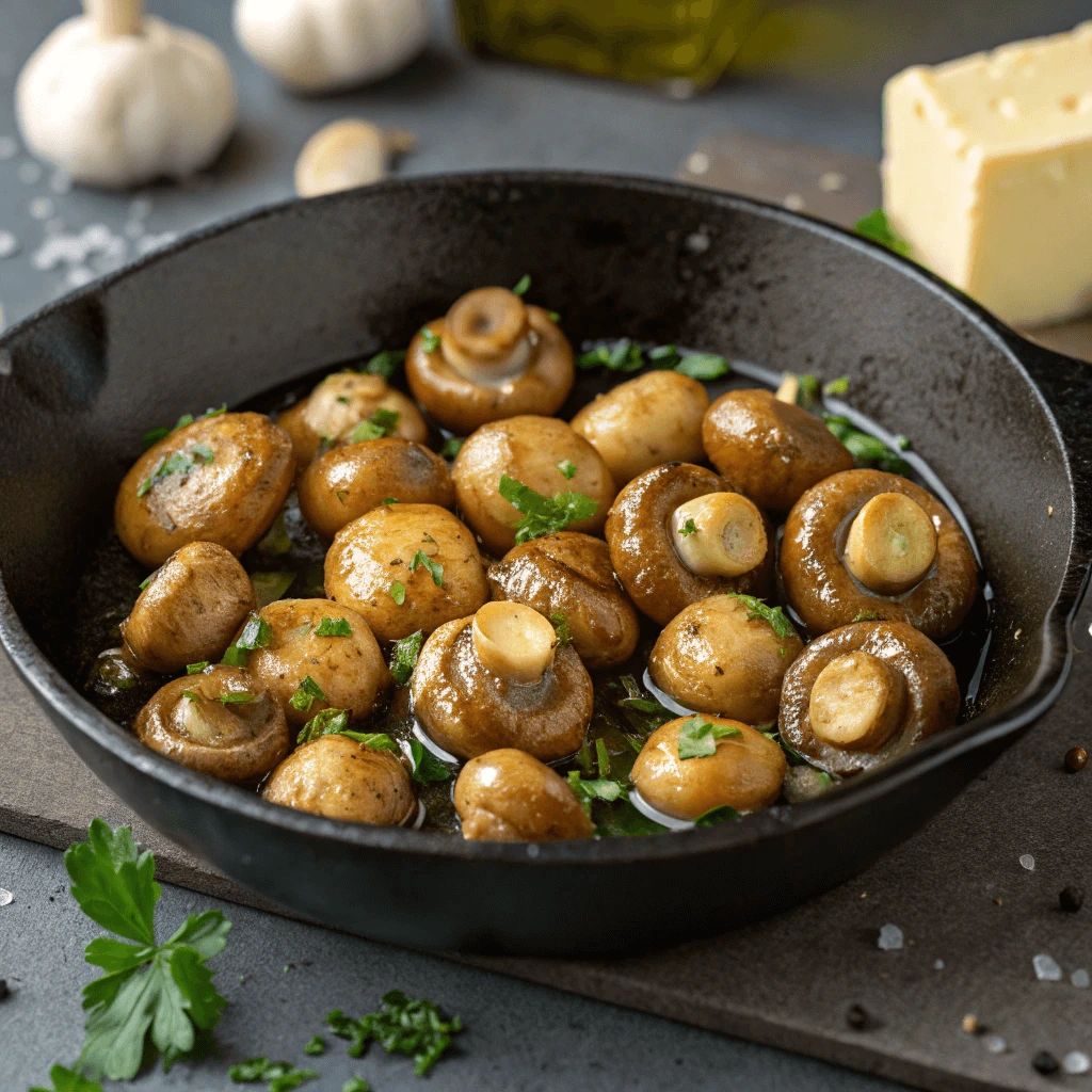 Sautéed button mushrooms with garlic butter in a skillet