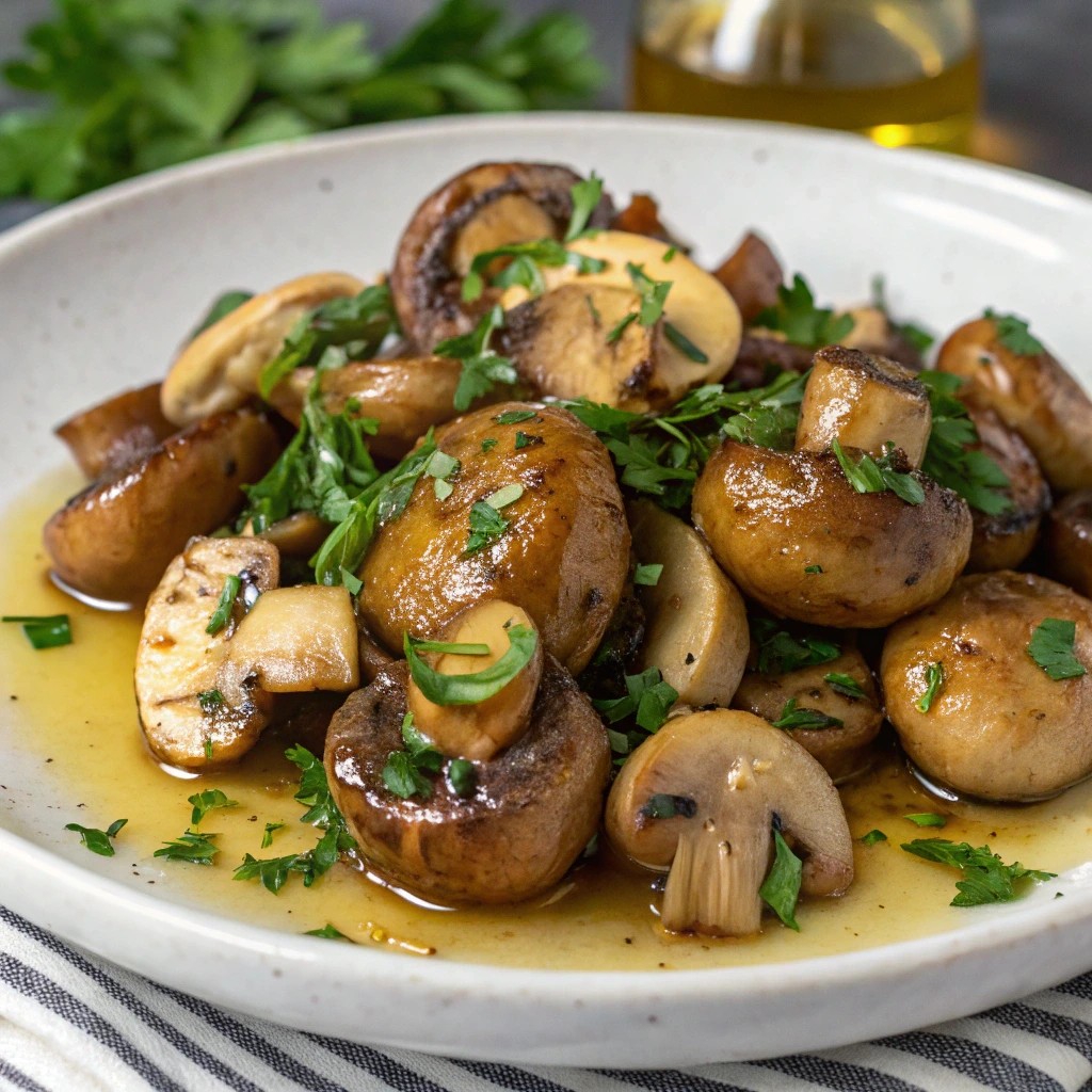 Sautéed button mushrooms with garlic butter, a flavorful dish made with button mushrooms