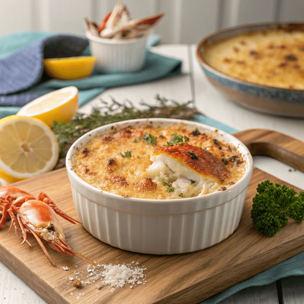 Crab brulee being served on a dinner table