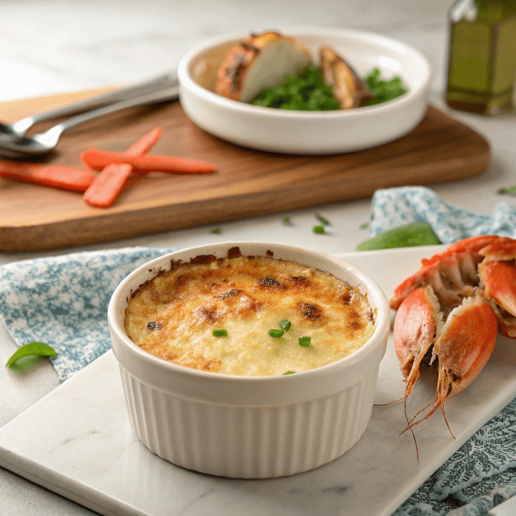  Plating the crab brulee with a smooth, glossy finish