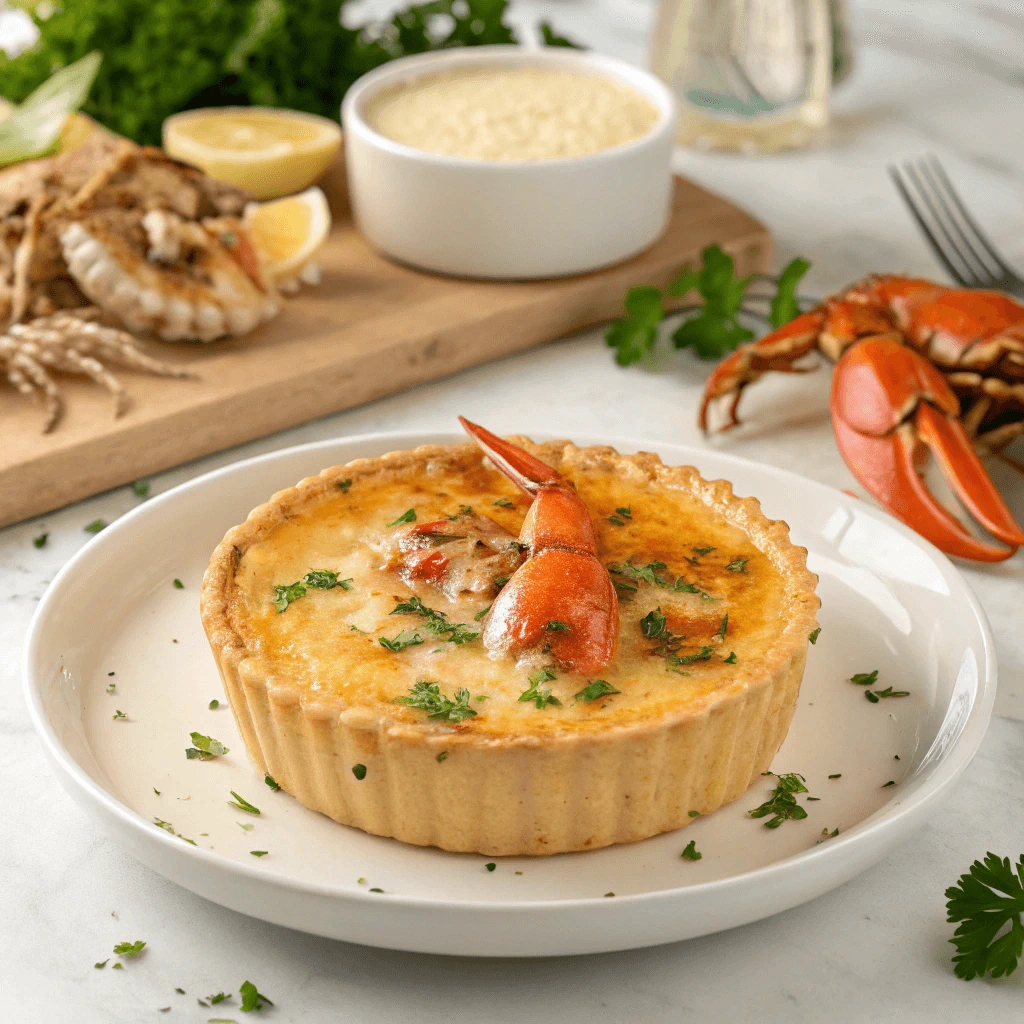  Close-up of a golden brulee crust on a seafood dish.