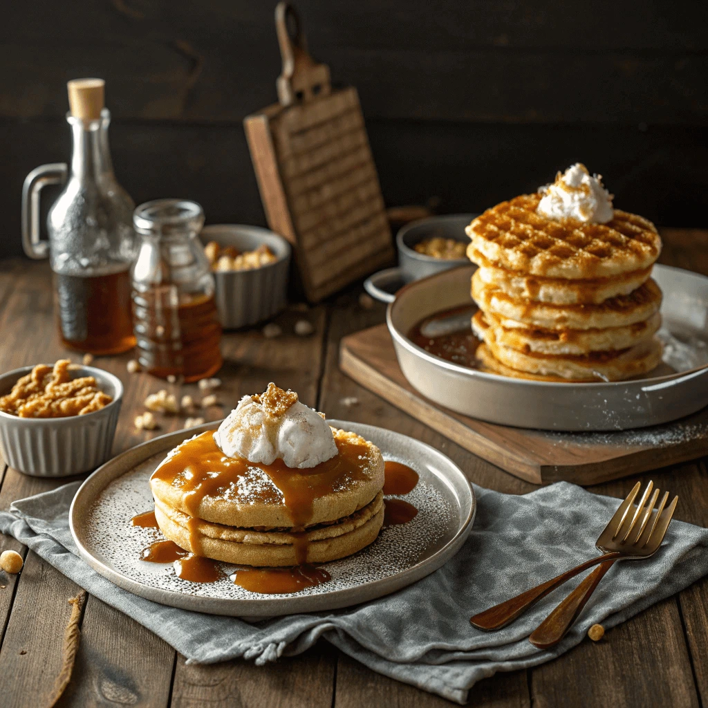Side-by-side comparison of pancakes and waffles with caramel and salt toppings.