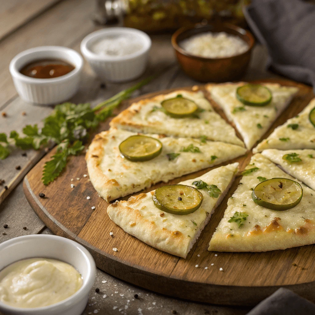 Sliced pickle pie pizza served on a wooden board with dipping sauce